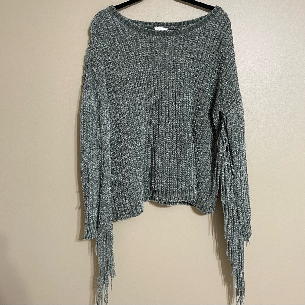 Bibi Fringe Sweater‎ Womens Soft Knit Gray Long Sleeve Gray Size XL